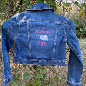 Girl's Route 66 Sz M 7/8 Denim Jean Jacket Custom Embroidered Oklahoma Girl